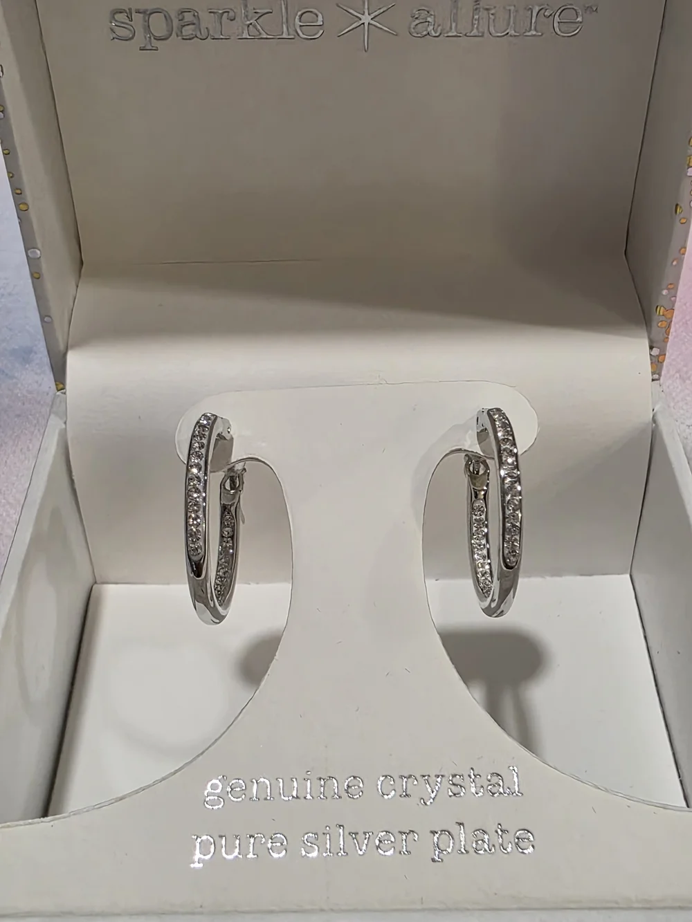 NIB Genuine Crystal Silver-Plated Hoop Earrings - Clear Crystal - Picture 6 of 6
